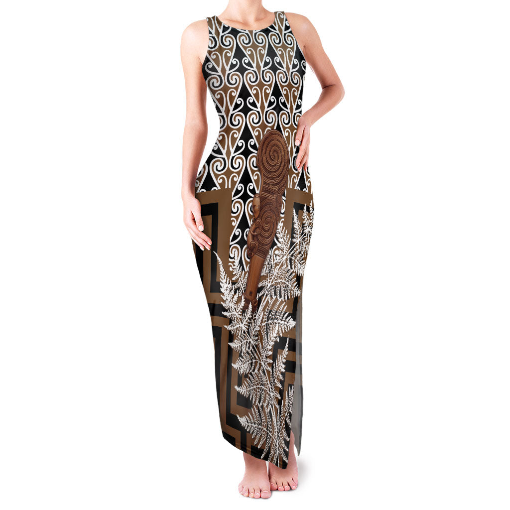 Wahaika New Zealand Family Matching Tank Maxi Dress and Hawaiian Shirt Maori Weapon Kowhaiwhai Fern Poutama Motifs LT14 Mom's Dress Brown - Polynesian Pride