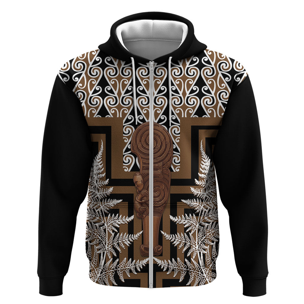 Wahaika New Zealand Hoodie Maori Weapon Kowhaiwhai Fern Poutama Motifs LT14 Zip Hoodie Brown - Polynesian Pride