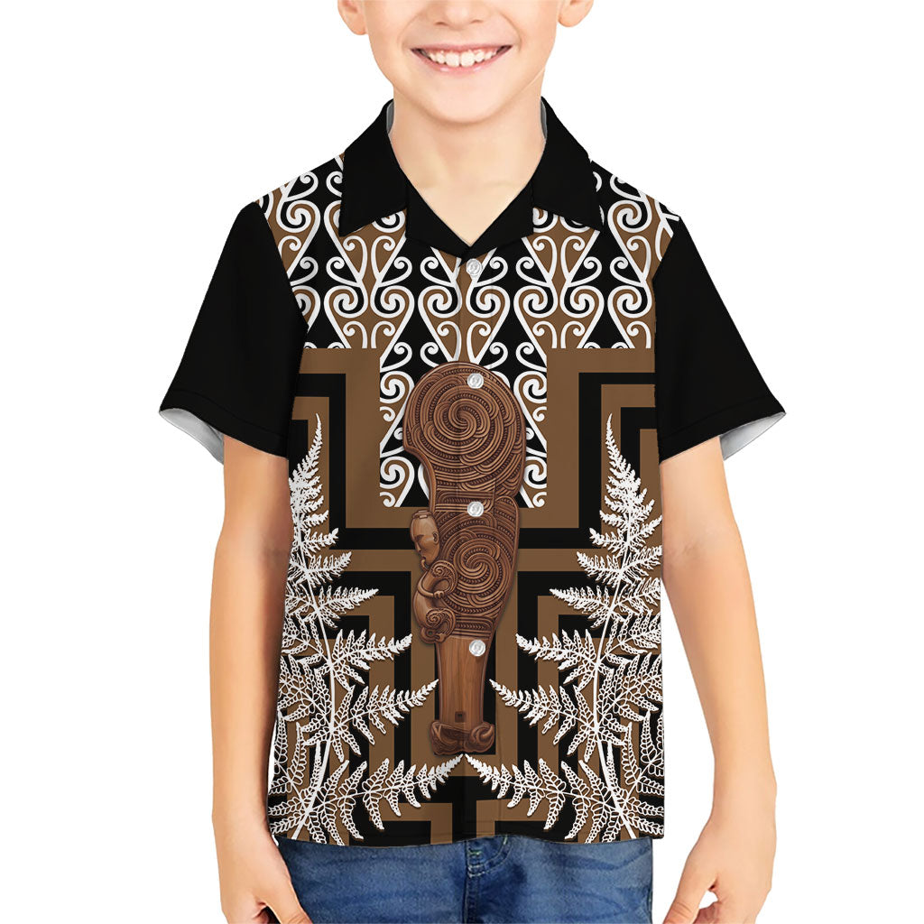Wahaika New Zealand Kid Hawaiian Shirt Maori Weapon Kowhaiwhai Fern Poutama Motifs LT14 Kid Brown - Polynesian Pride