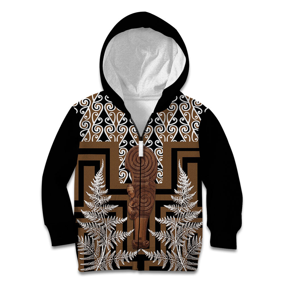 Wahaika New Zealand Kid Hoodie Maori Weapon Kowhaiwhai Fern Poutama Motifs LT14 Zip Hoodie Brown - Polynesian Pride