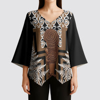 Wahaika New Zealand Kimono Sleeve Blouse Maori Weapon Kowhaiwhai Fern Poutama Motifs LT14 - Polynesian Pride