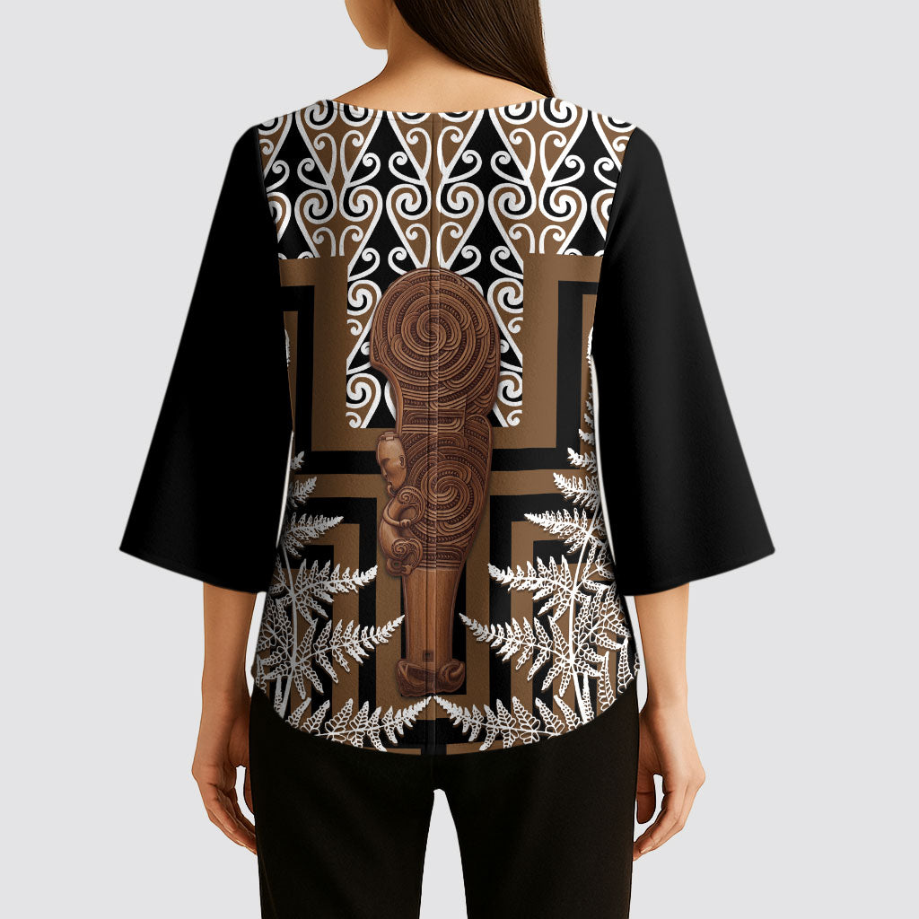 Wahaika New Zealand Kimono Sleeve Blouse Maori Weapon Kowhaiwhai Fern Poutama Motifs LT14 - Polynesian Pride