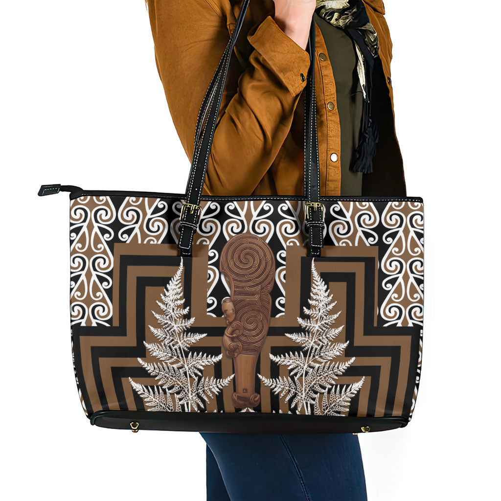 Wahaika New Zealand Leather Tote Bag Maori Weapon Kowhaiwhai Fern Poutama Motifs LT14 - Polynesian Pride