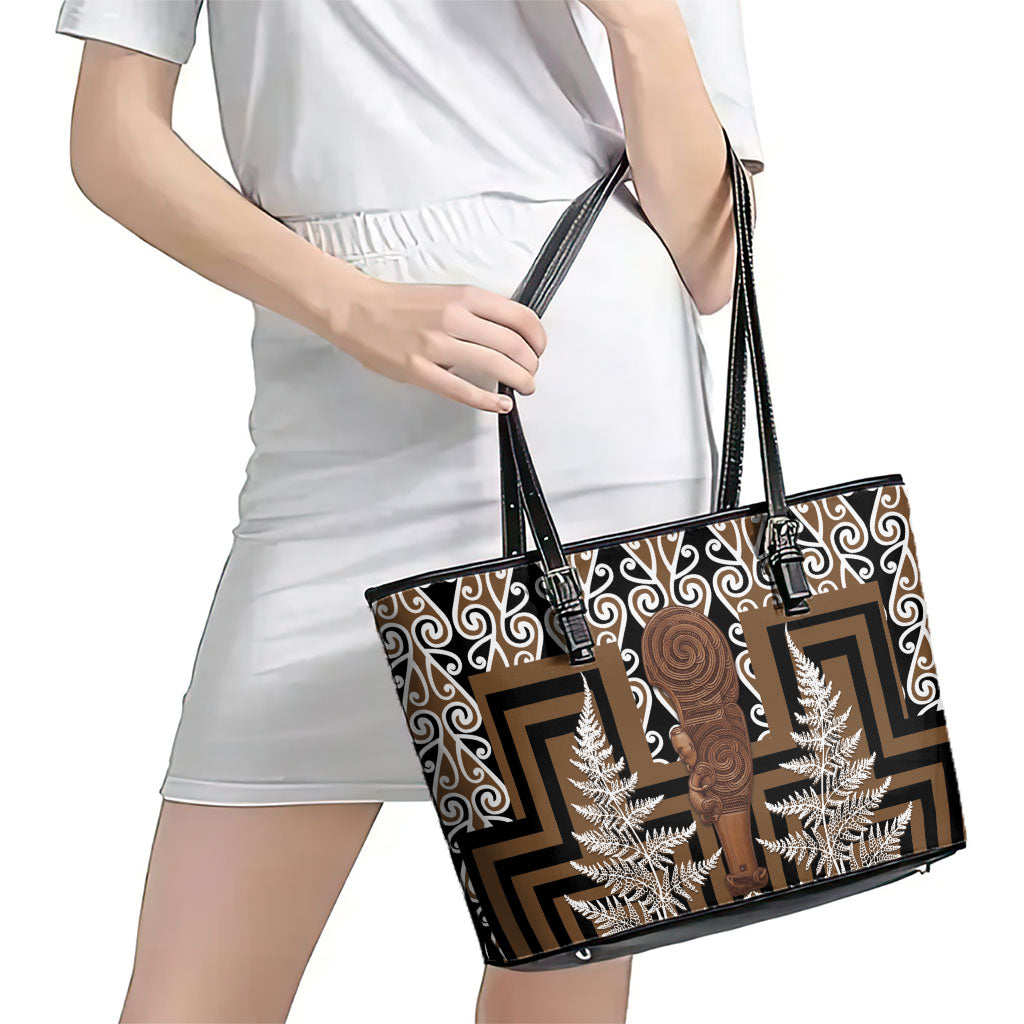 Wahaika New Zealand Leather Tote Bag Maori Weapon Kowhaiwhai Fern Poutama Motifs LT14 - Polynesian Pride