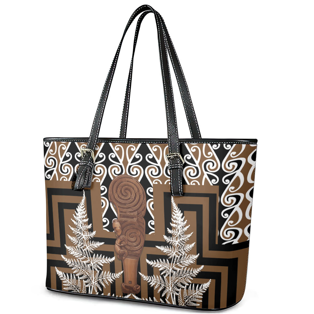 Wahaika New Zealand Leather Tote Bag Maori Weapon Kowhaiwhai Fern Poutama Motifs LT14 - Polynesian Pride