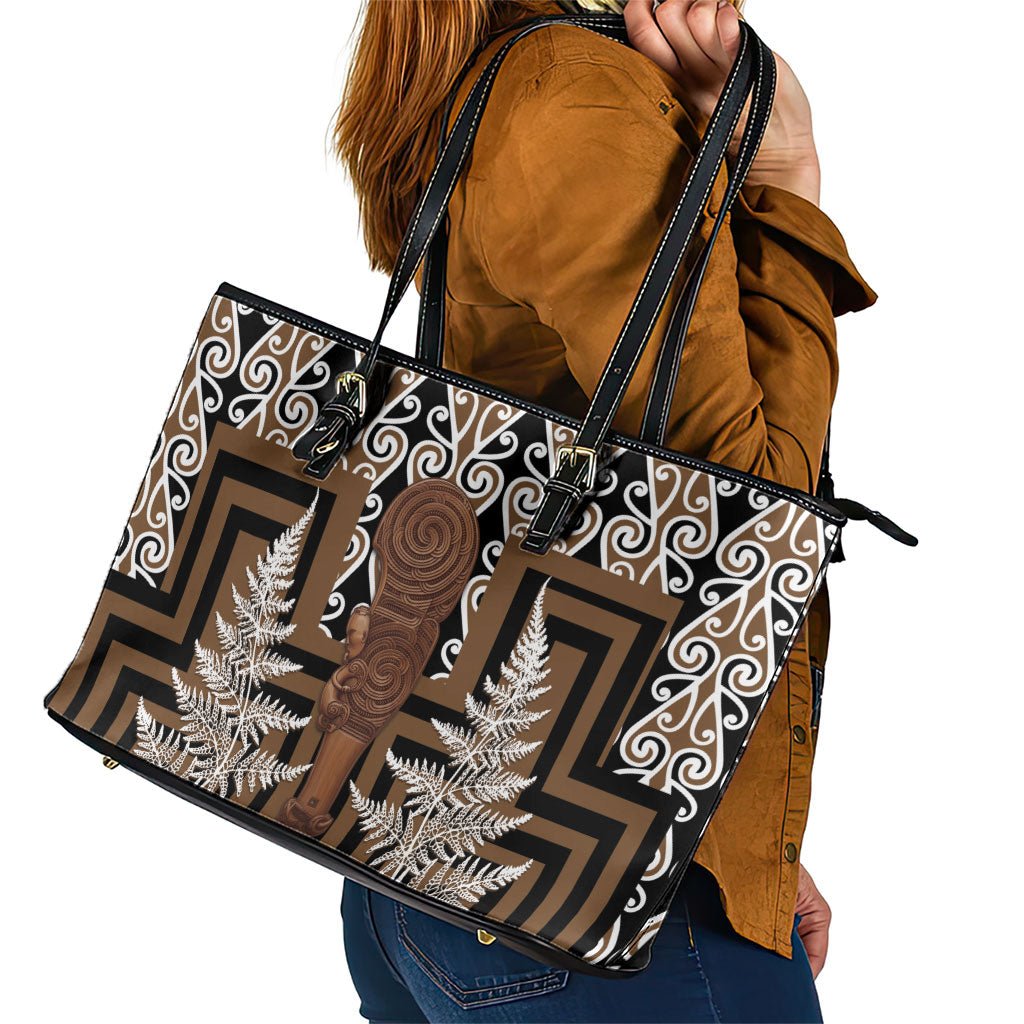 Wahaika New Zealand Leather Tote Bag Maori Weapon Kowhaiwhai Fern Poutama Motifs LT14 - Polynesian Pride