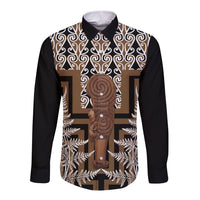 Wahaika New Zealand Long Sleeve Button Shirt Maori Weapon Kowhaiwhai Fern Poutama Motifs LT14 Unisex Brown - Polynesian Pride