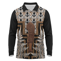 Wahaika New Zealand Long Sleeve Polo Shirt Maori Weapon Kowhaiwhai Fern Poutama Motifs LT14 Brown - Polynesian Pride