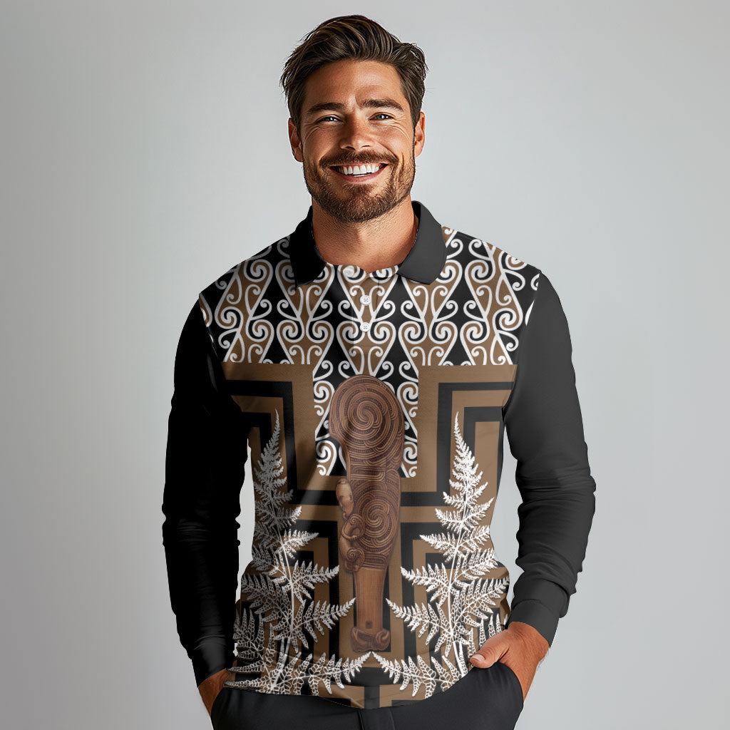 Wahaika New Zealand Long Sleeve Polo Shirt Maori Weapon Kowhaiwhai Fern Poutama Motifs LT14 - Polynesian Pride