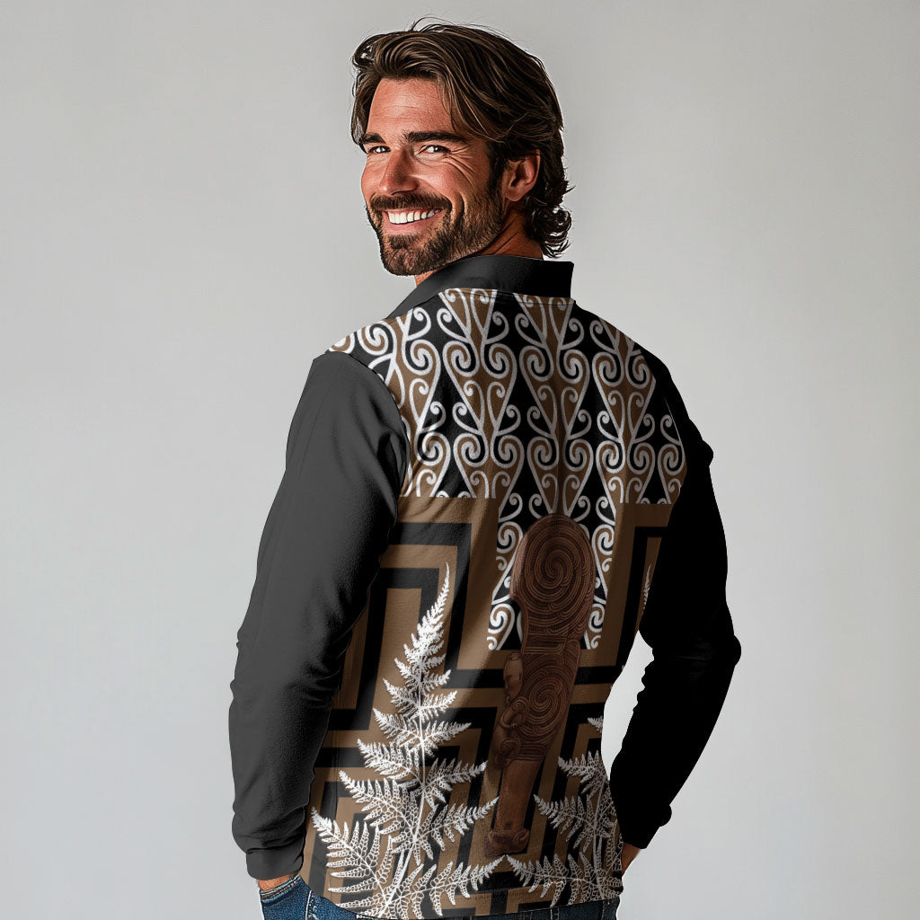 Wahaika New Zealand Long Sleeve Polo Shirt Maori Weapon Kowhaiwhai Fern Poutama Motifs LT14 - Polynesian Pride