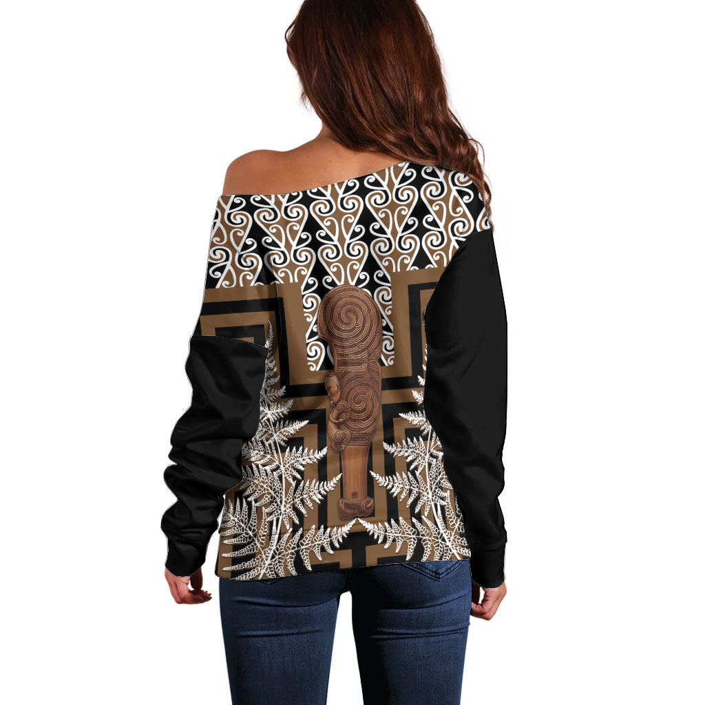 Wahaika New Zealand Off Shoulder Sweater Maori Weapon Kowhaiwhai Fern Poutama Motifs LT14 - Polynesian Pride