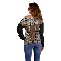Wahaika New Zealand Off Shoulder Sweater Maori Weapon Kowhaiwhai Fern Poutama Motifs LT14 - Polynesian Pride