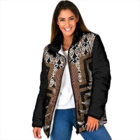 Wahaika New Zealand Padded Jacket Maori Weapon Kowhaiwhai Fern Poutama Motifs LT14 Women Brown - Polynesian Pride