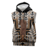 Wahaika New Zealand Sleeveless Hoodie Maori Weapon Kowhaiwhai Fern Poutama Motifs LT14 Brown - Polynesian Pride