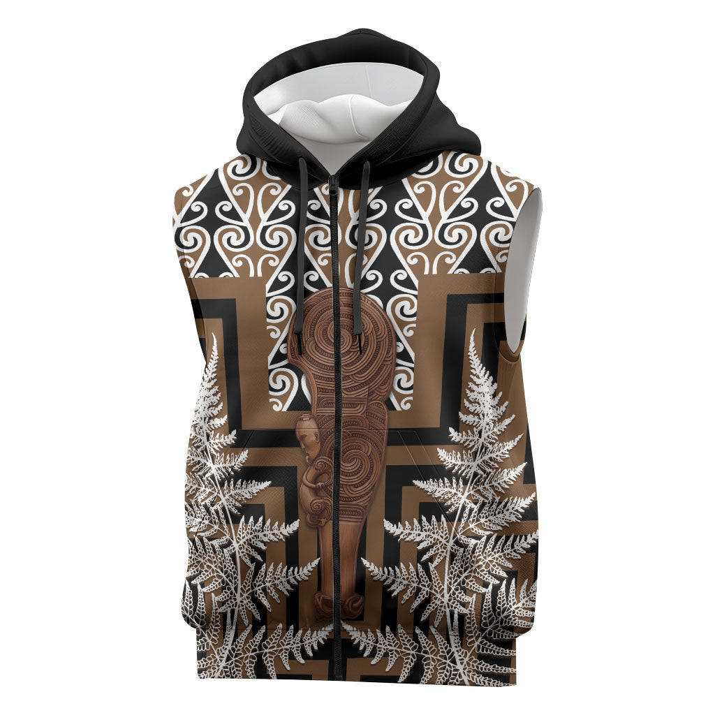 Wahaika New Zealand Sleeveless Zip Hoodie Maori Weapon Kowhaiwhai Fern Poutama Motifs LT14 Brown - Polynesian Pride