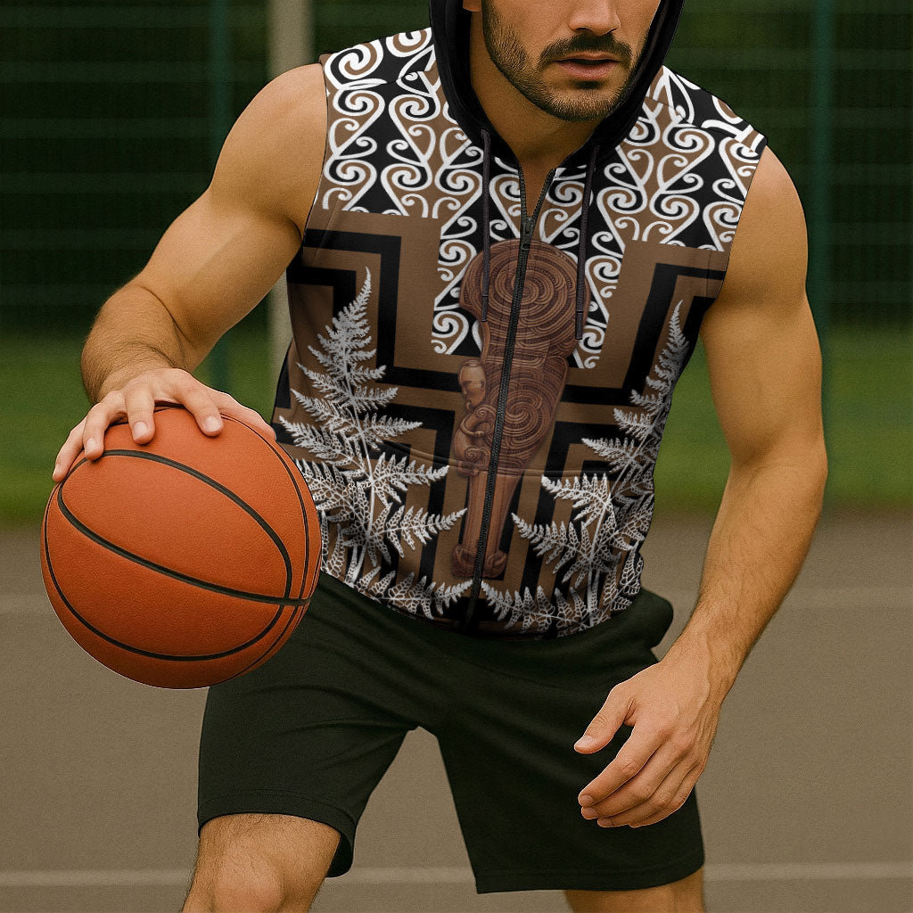 Wahaika New Zealand Sleeveless Zip Hoodie Maori Weapon Kowhaiwhai Fern Poutama Motifs LT14 - Polynesian Pride