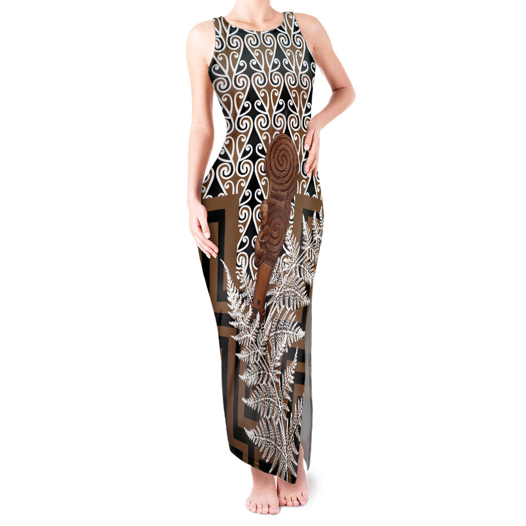 Wahaika New Zealand Tank Maxi Dress Maori Weapon Kowhaiwhai Fern Poutama Motifs LT14 Women Brown - Polynesian Pride