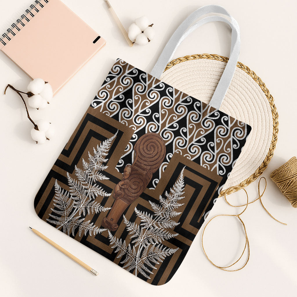 Wahaika New Zealand Tote Bag Maori Weapon Kowhaiwhai Fern Poutama Motifs LT14 White Strap One Size Brown - Polynesian Pride
