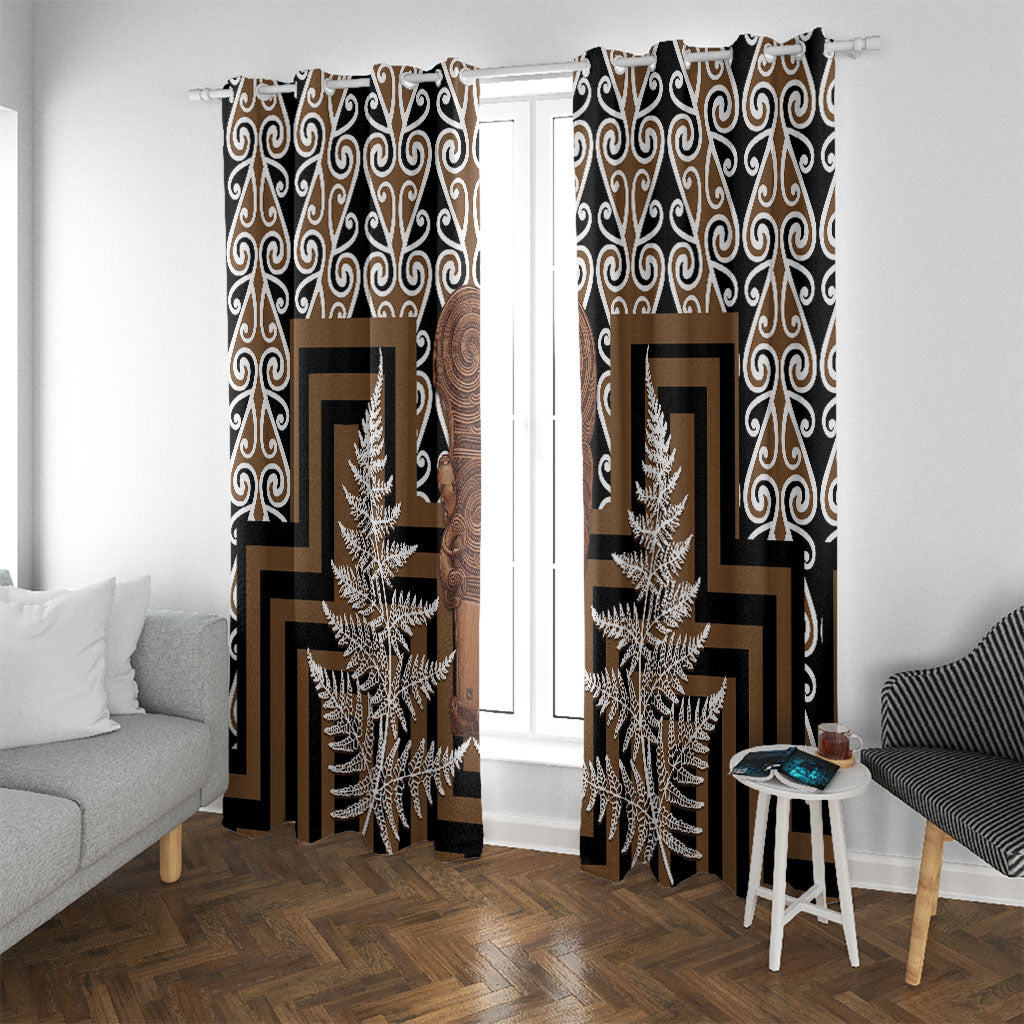 Wahaika New Zealand Window Curtain Maori Weapon Kowhaiwhai Fern Poutama Motifs LT14 With Grommets Brown - Polynesian Pride