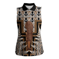 Wahaika New Zealand Women Sleeveless Polo Shirt Maori Weapon Kowhaiwhai Fern Poutama Motifs LT14 Female Brown - Polynesian Pride