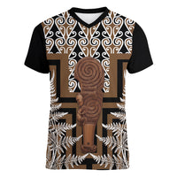 Wahaika New Zealand Women V-Neck T-Shirt Maori Weapon Kowhaiwhai Fern Poutama Motifs LT14 Female Brown - Polynesian Pride