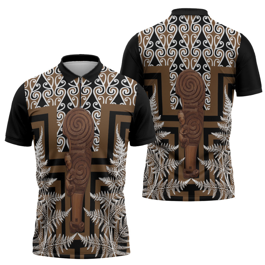 Wahaika New Zealand Zipper Polo Shirt Maori Weapon Kowhaiwhai Fern Poutama Motifs LT14 - Polynesian Pride