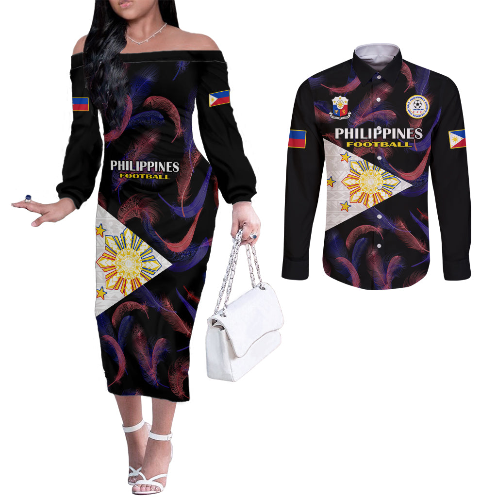 Custom Philippines Football Couples Matching Off The Shoulder Long Sleeve Dress and Long Sleeve Button Shirts 2023 World Cup Go Filipinas Feather Black Version LT14 Black - Polynesian Pride