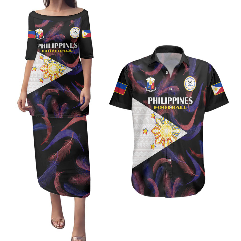 Custom Philippines Football Couples Matching Puletasi Dress and Hawaiian Shirt 2023 World Cup Go Filipinas Feather Black Version LT14 Black - Polynesian Pride