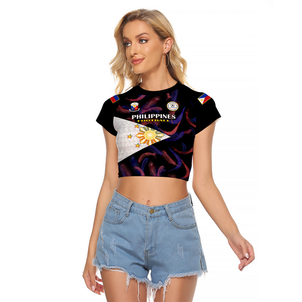 Custom Philippines Football Raglan Cropped T Shirt 2023 World Cup Go Filipinas Feather Black Version LT14 Female Black - Polynesian Pride