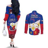 Philippines Football Couples Matching Off The Shoulder Long Sleeve Dress and Long Sleeve Button Shirts 2023 World Cup Go Filipinas Feather Flag Version LT14 - Polynesian Pride
