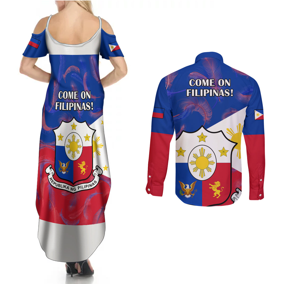 Philippines Football Couples Matching Summer Maxi Dress and Long Sleeve Button Shirts 2023 World Cup Go Filipinas Feather Flag Version LT14 - Polynesian Pride