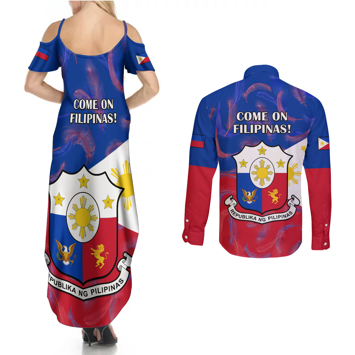 Philippines Football Couples Matching Summer Maxi Dress and Long Sleeve Button Shirts 2023 World Cup Go Filipinas Feather Flag Version LT14 - Polynesian Pride