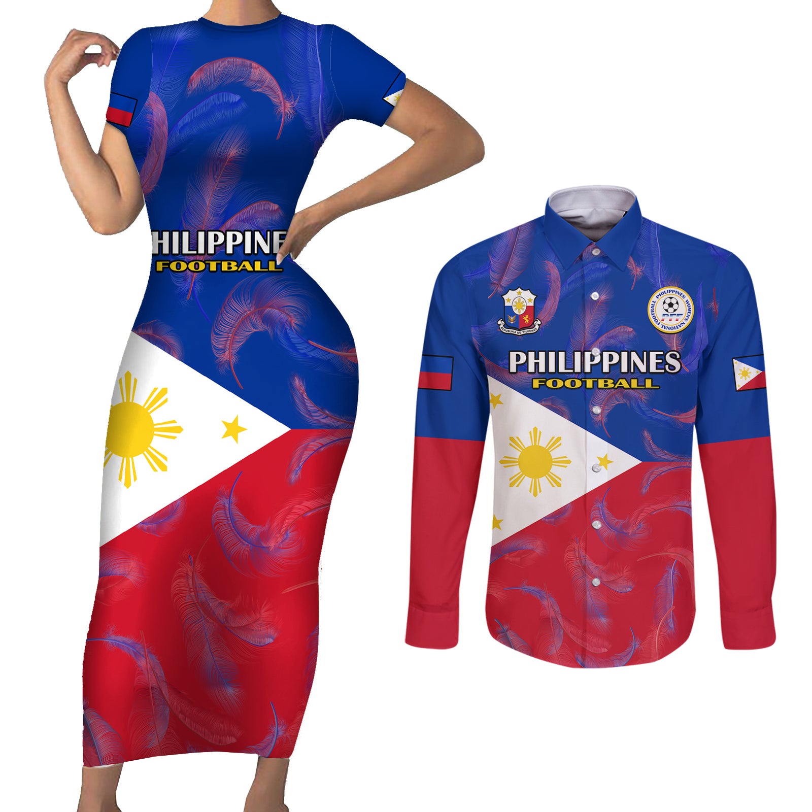 Custom Philippines Football Couples Matching Short Sleeve Bodycon Dress and Long Sleeve Button Shirts 2023 World Cup Go Filipinas Feather Flag Version LT14 Blue - Polynesian Pride