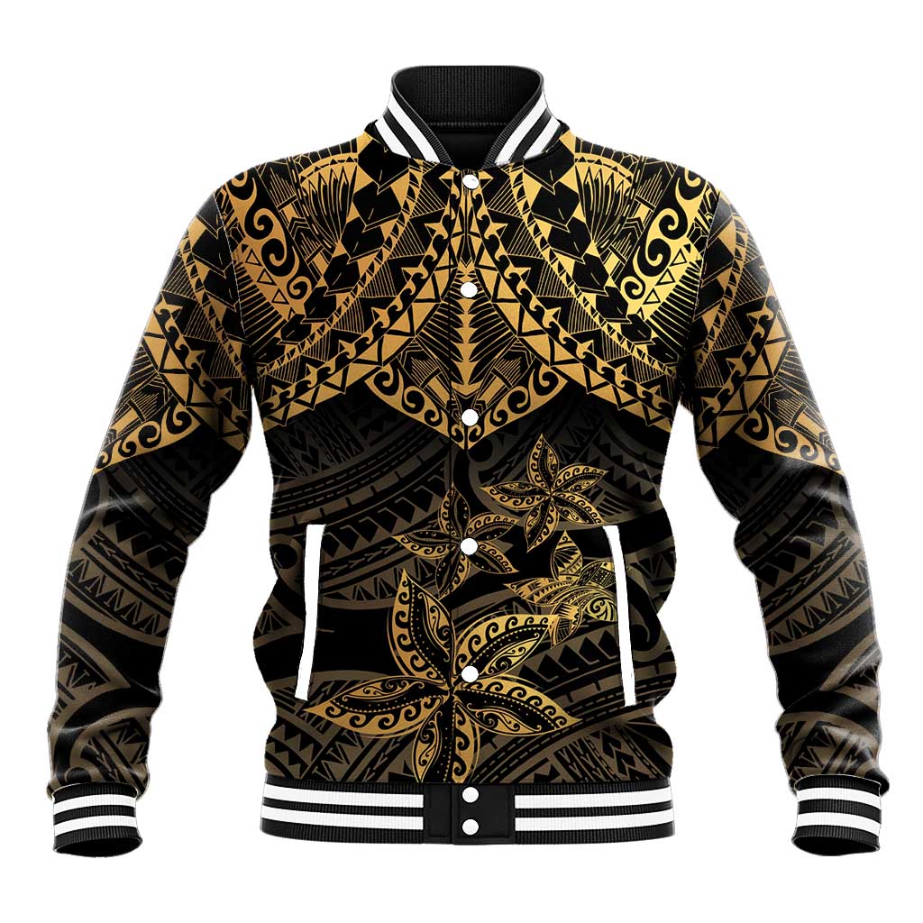Black and Gold Polynesia Baseball Jacket Plumeria Tattoo With Polynesian Pattern