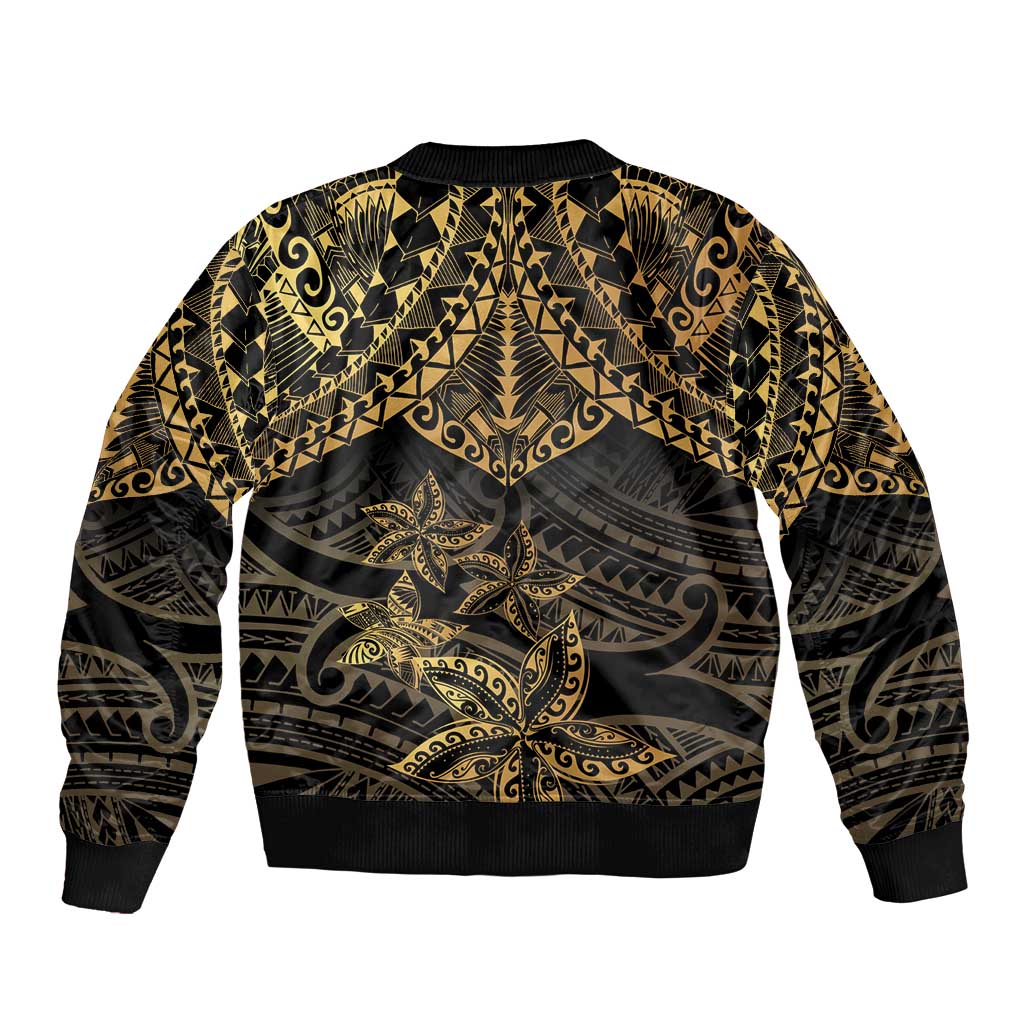 Black and Gold Polynesia Bomber Jacket Plumeria Tattoo With Polynesian Pattern