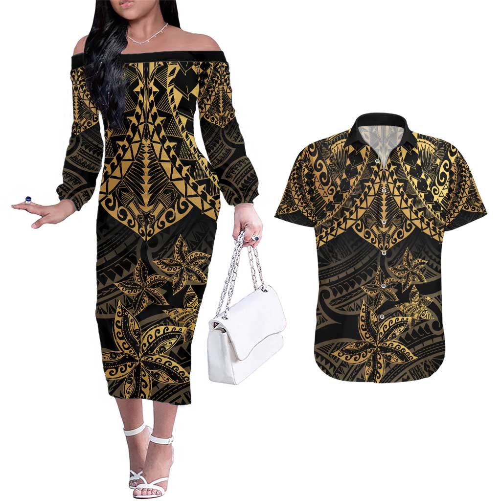 Black and Gold Polynesia Couples Matching Off The Shoulder Long Sleeve Dress and Hawaiian Shirt Plumeria Tattoo With Polynesian Pattern