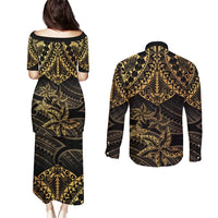 Black and Gold Polynesia Couples Matching Puletasi and Long Sleeve Button Shirt Plumeria Tattoo With Polynesian Pattern
