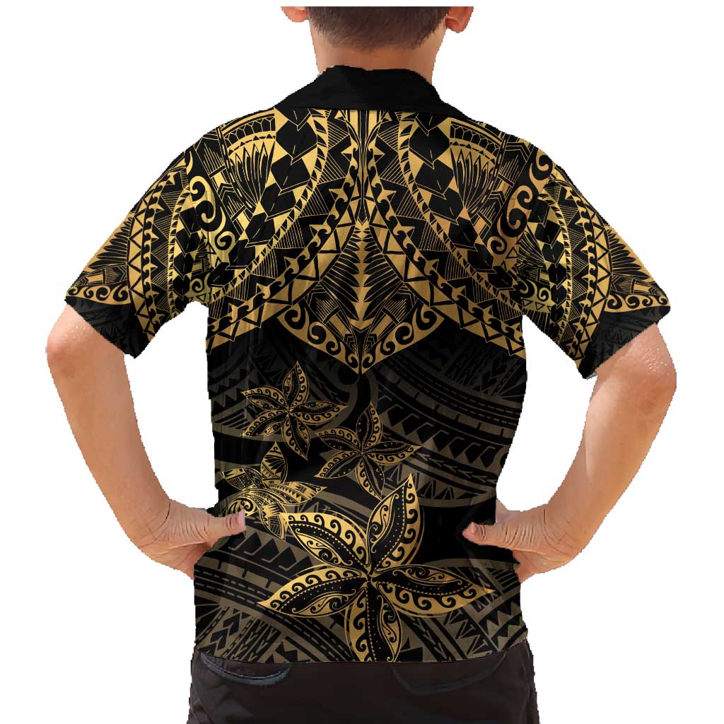 Black and Gold Polynesia Family Matching Mermaid Dress and Hawaiian Shirt Plumeria Tattoo With Polynesian Pattern