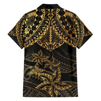 Black and Gold Polynesia Family Matching Off Shoulder Short Dress and Hawaiian Shirt Plumeria Tattoo With Polynesian Pattern