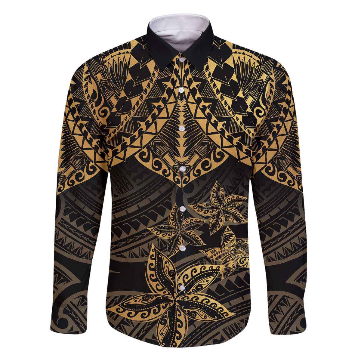 Black and Gold Polynesia Family Matching Off Shoulder Short Dress and Hawaiian Shirt Plumeria Tattoo With Polynesian Pattern