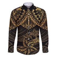 Black and Gold Polynesia Family Matching Off Shoulder Short Dress and Hawaiian Shirt Plumeria Tattoo With Polynesian Pattern