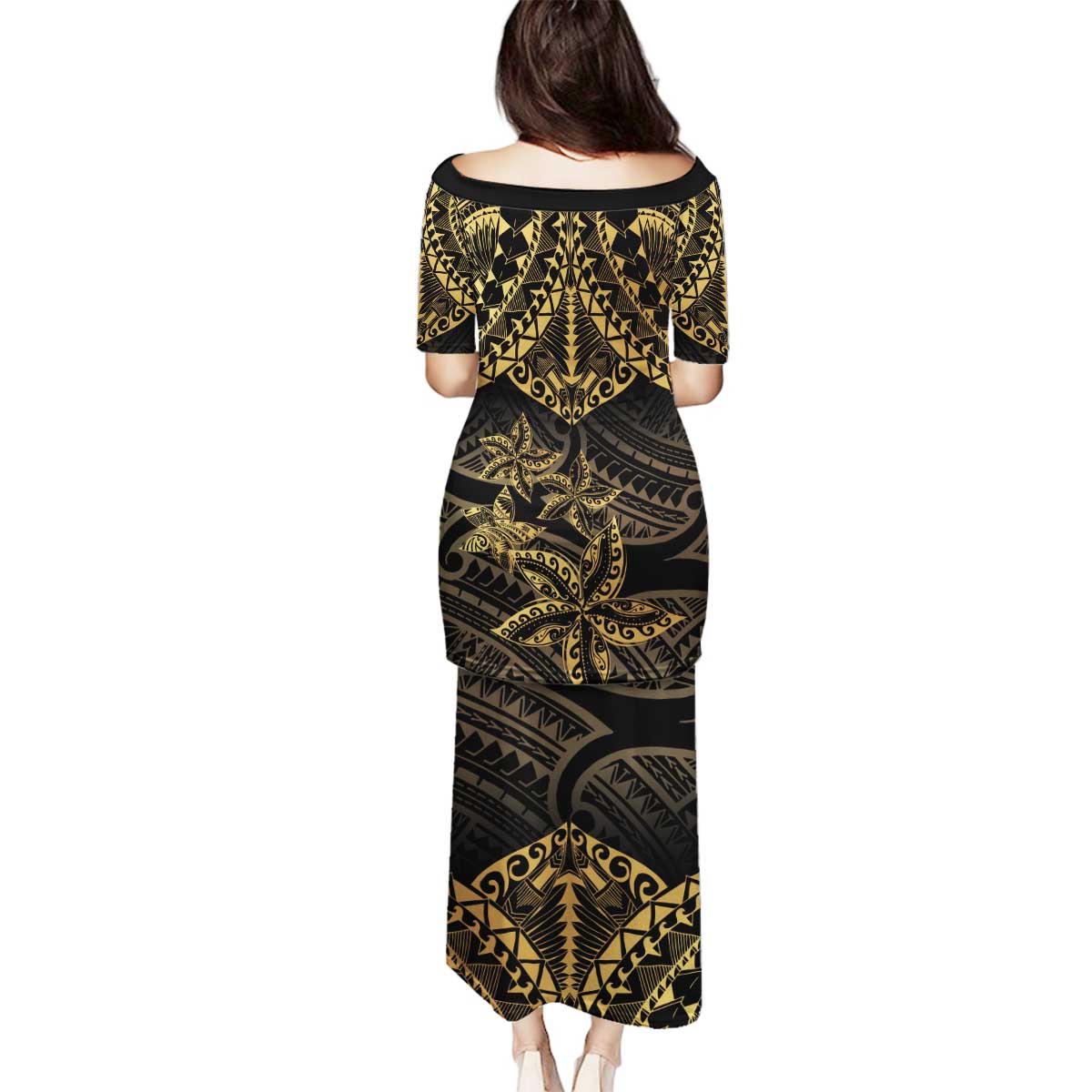 Black and Gold Polynesia Family Matching Puletasi and Hawaiian Shirt Plumeria Tattoo With Polynesian Pattern