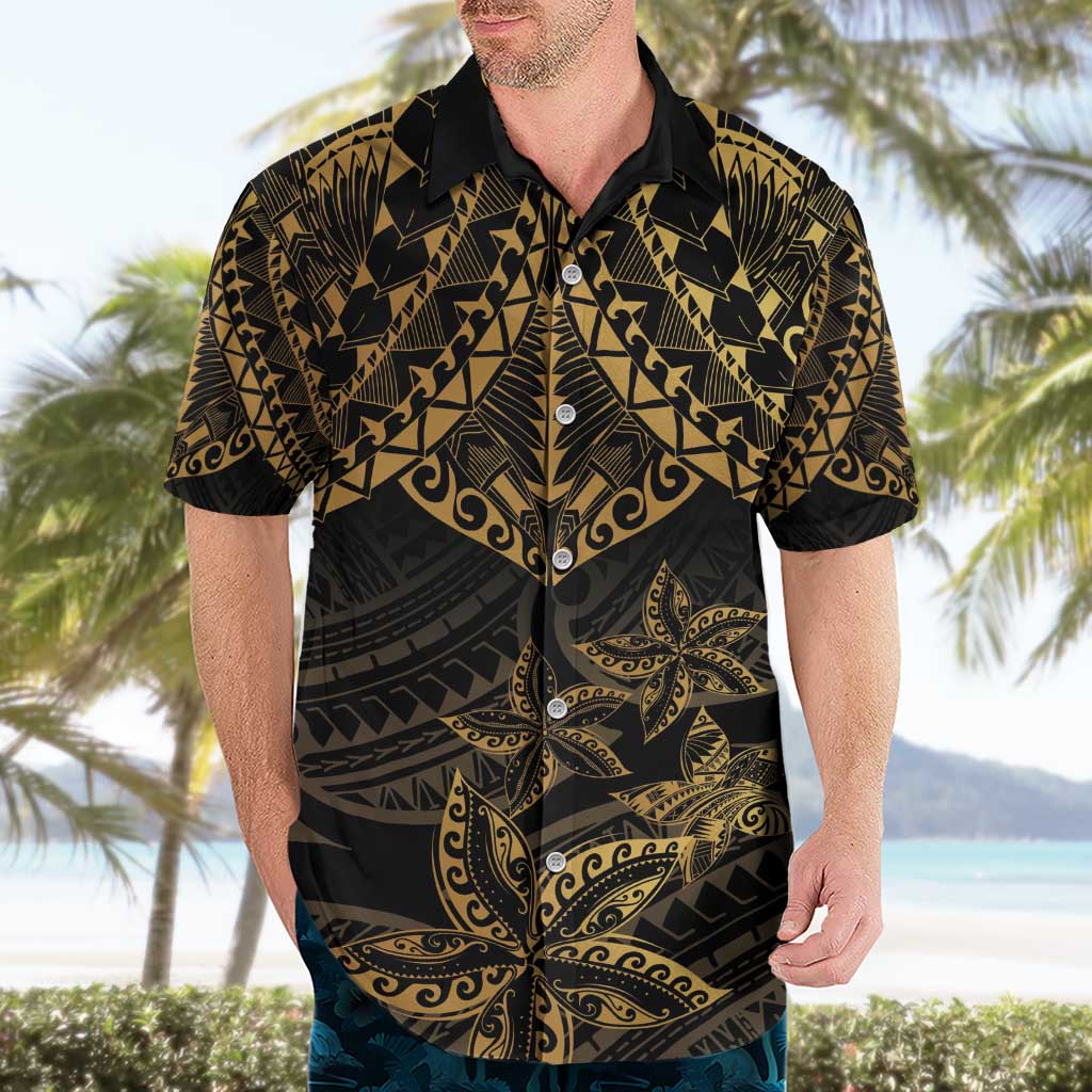 Black and Gold Polynesia Hawaiian Shirt Plumeria Tattoo With Polynesian Pattern