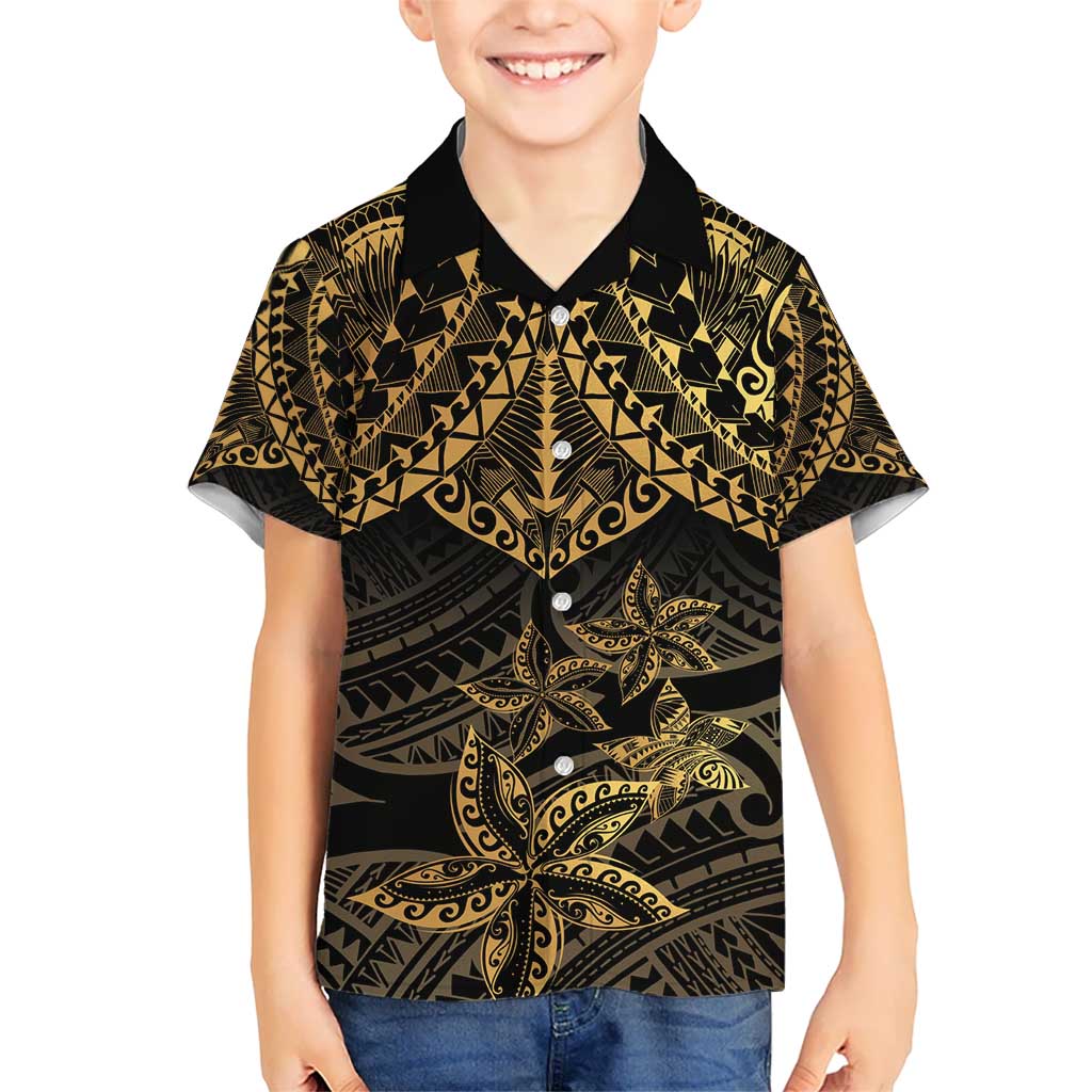 Black and Gold Polynesia Kid Hawaiian Shirt Plumeria Tattoo With Polynesian Pattern