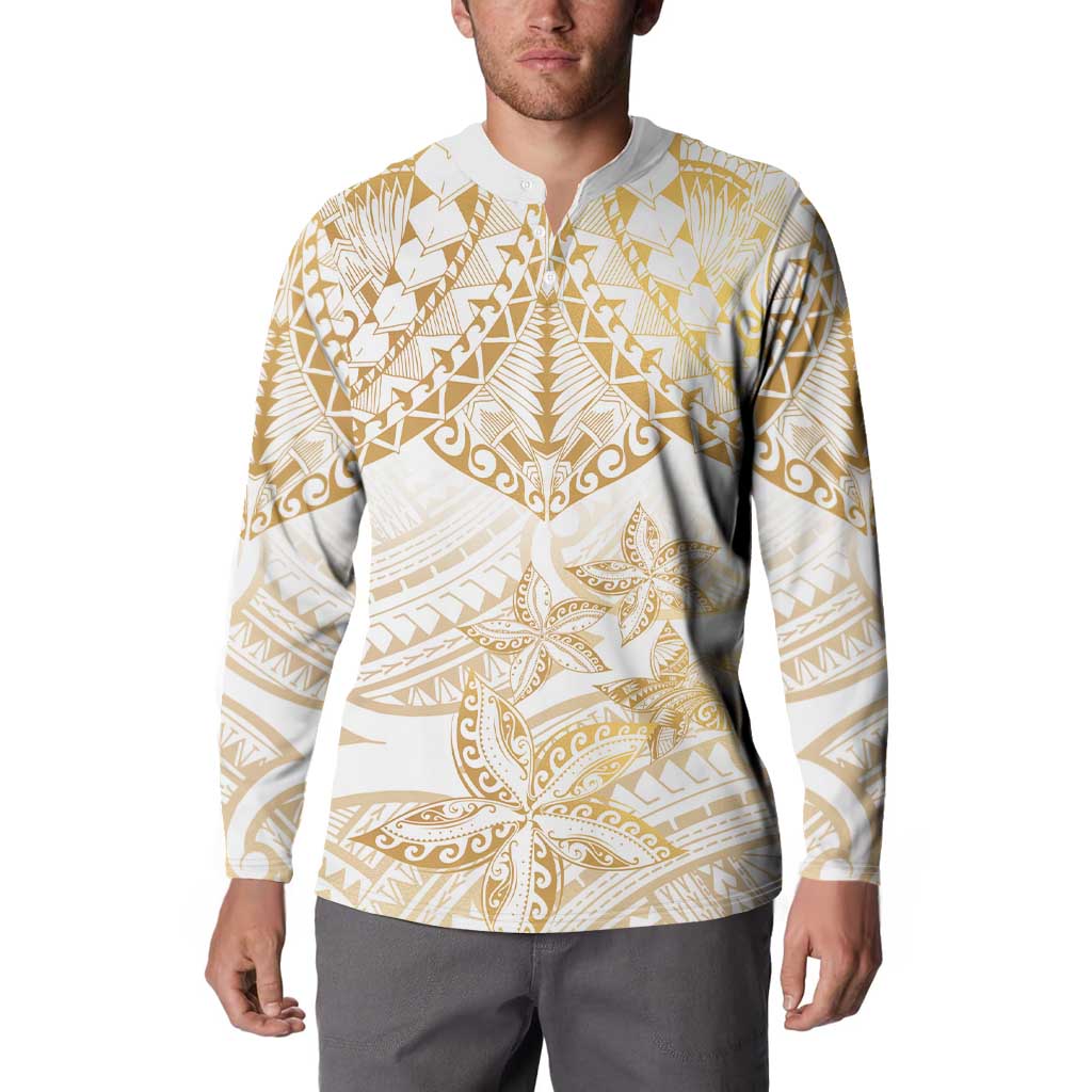 White and Gold Polynesia Button Sweatshirt Plumeria Tattoo With Polynesian Pattern