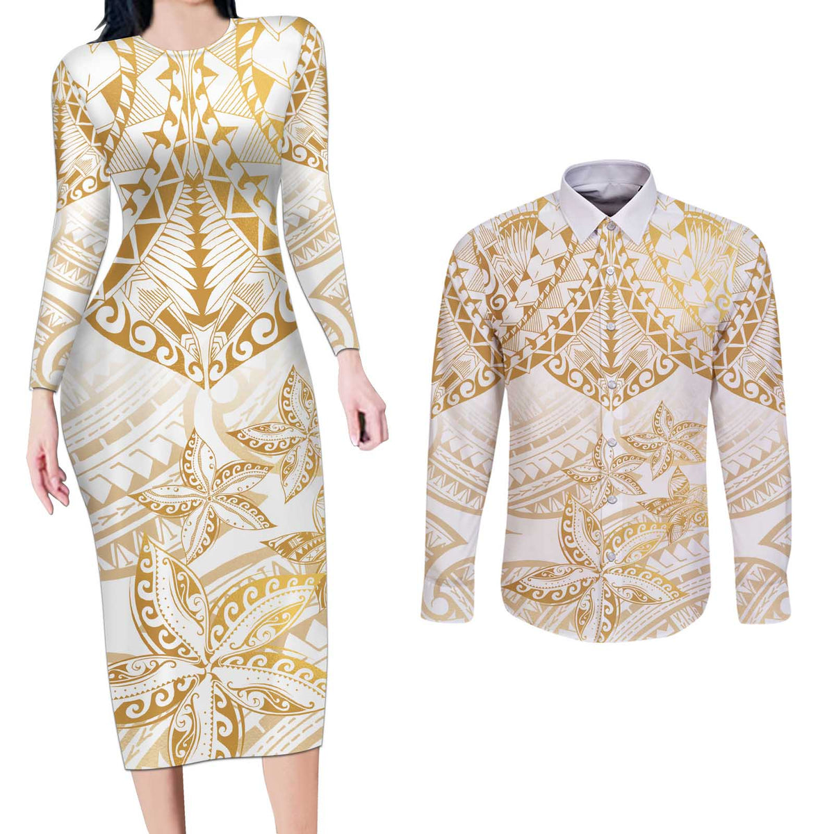 White and Gold Polynesia Couples Matching Long Sleeve Bodycon Dress and Long Sleeve Button Shirt Plumeria Tattoo With Polynesian Pattern LT14 White - Polynesian Pride