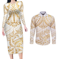 White and Gold Polynesia Couples Matching Long Sleeve Bodycon Dress and Long Sleeve Button Shirt Plumeria Tattoo With Polynesian Pattern LT14 White - Polynesian Pride