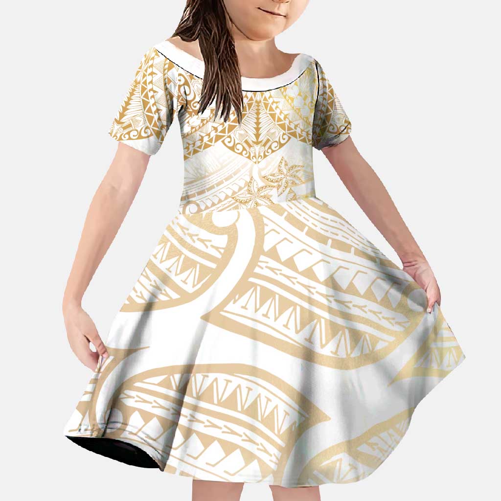 White and Gold Polynesia Family Matching Long Sleeve Bodycon Dress and Hawaiian Shirt Plumeria Tattoo With Polynesian Pattern