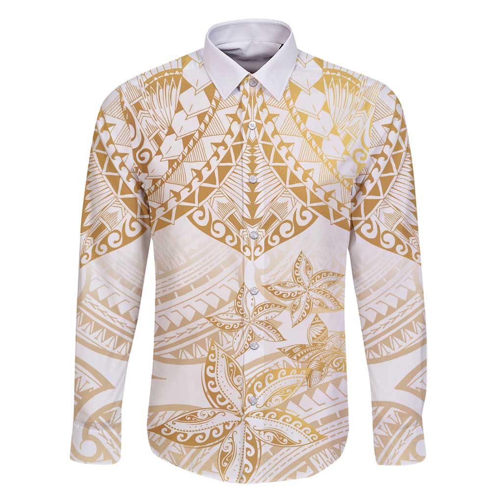 White and Gold Polynesia Family Matching Long Sleeve Bodycon Dress and Hawaiian Shirt Plumeria Tattoo With Polynesian Pattern