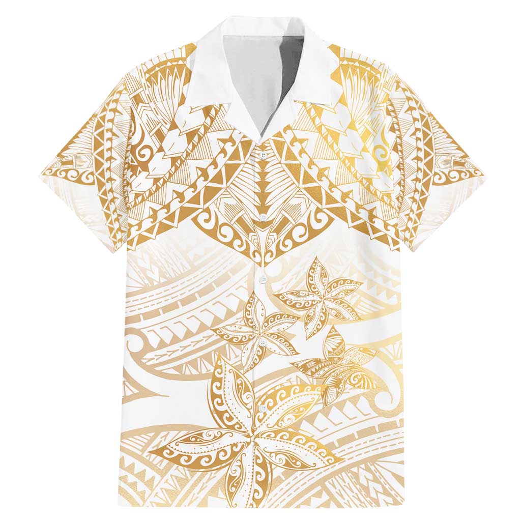 White and Gold Polynesia Family Matching Mermaid Dress and Hawaiian Shirt Plumeria Tattoo With Polynesian Pattern